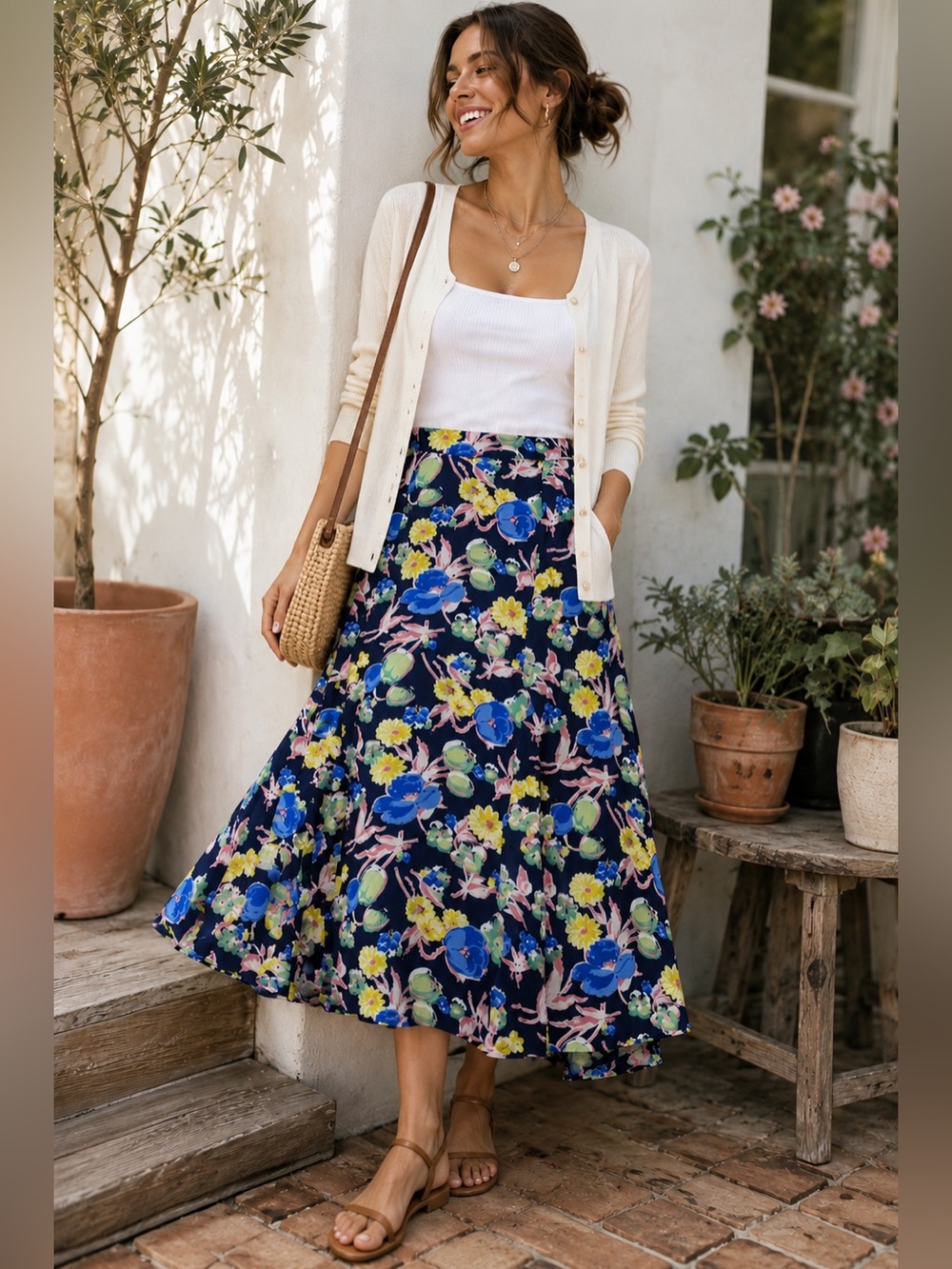 Talbots Floral Midi Skirt Rayon Navy Blue A-Line Garden Party Size 12 NWT